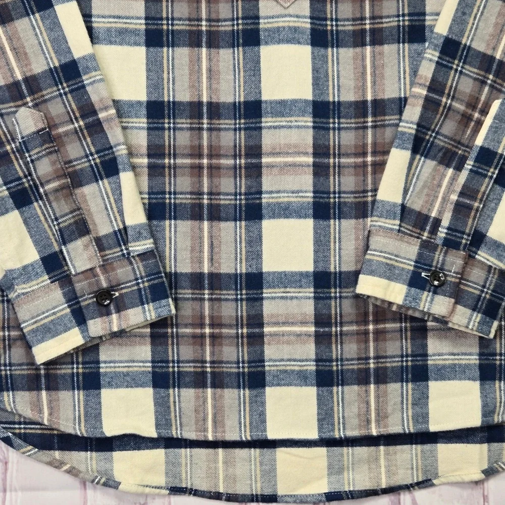 L.L.Bean Flannel Shirt Blue Brown Plaid Quarter Zip Soft Cotton Mens Large L